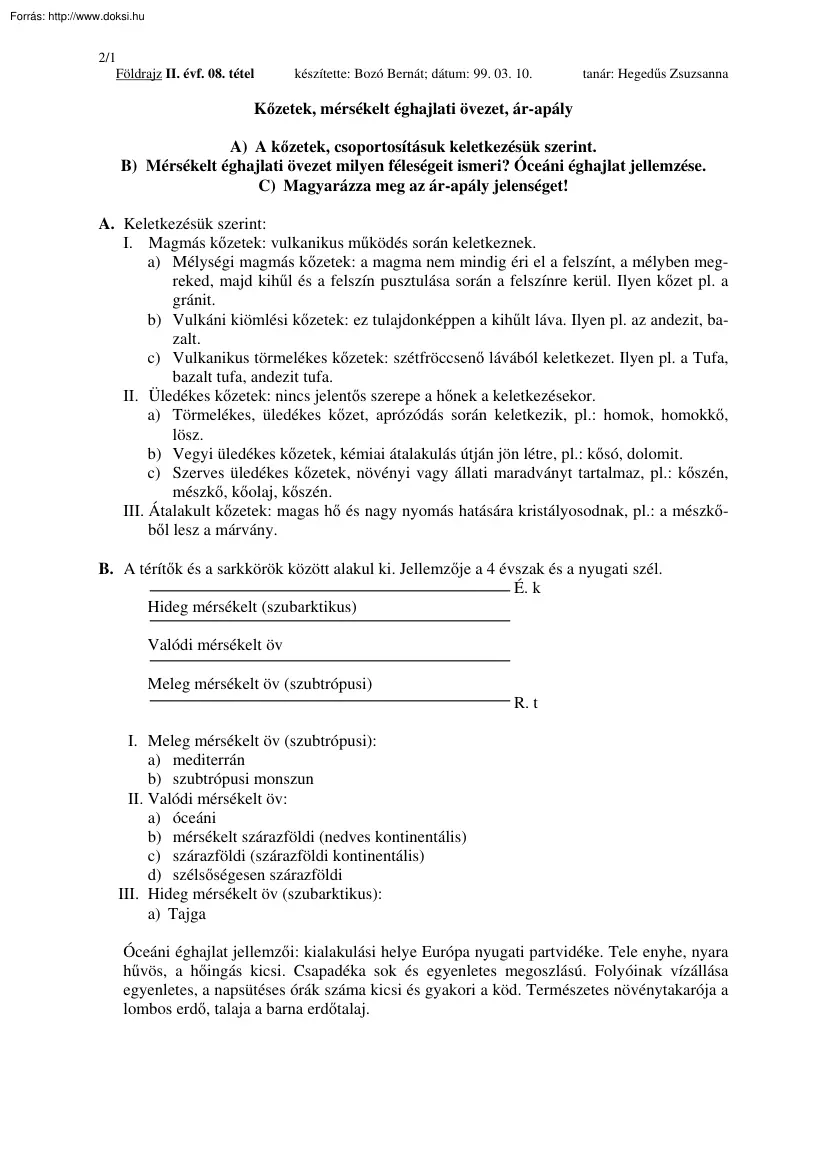 Bozó Bernát - Kőzetek, mérsékelt éghajlati övezet, ár-apály