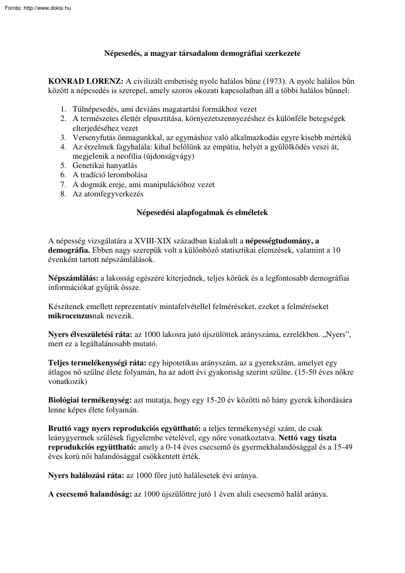 Népesedés, a magyar társadalom demográfiai szerkezete