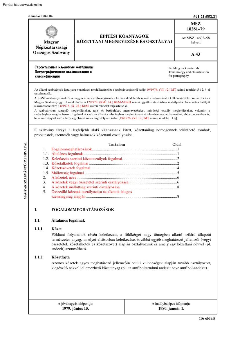 Építési kőanyagok kőzettani megnevezése és osztályai