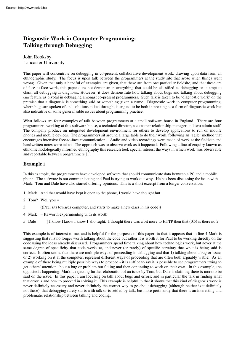 John Rooksby - Diagnostic work in computer programming, Talking through debugging