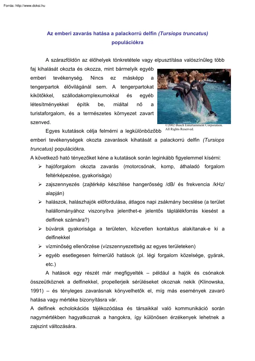 Oláh György - Az emberi zavarás hatása a palackorrú delfin populációra