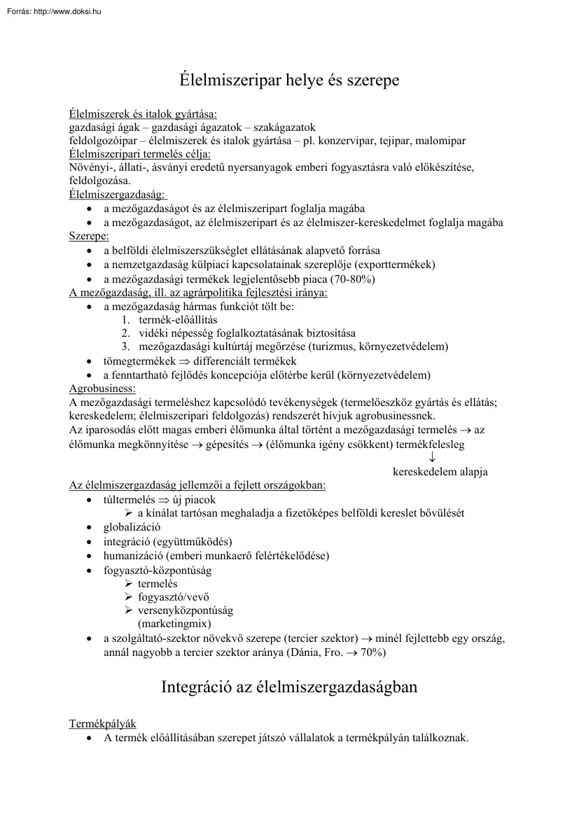 Az élelmiszeripar helye és szerepe