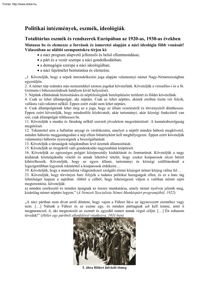Totalitárius eszmék és rendszerek Európában az 1920-as, 1930-as években tétel