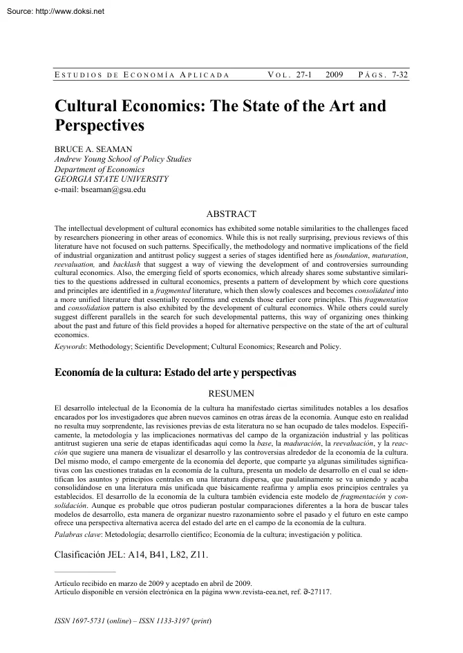 Bruce A. Seaman - Cultural Economics, The State of the Art and Perspectives