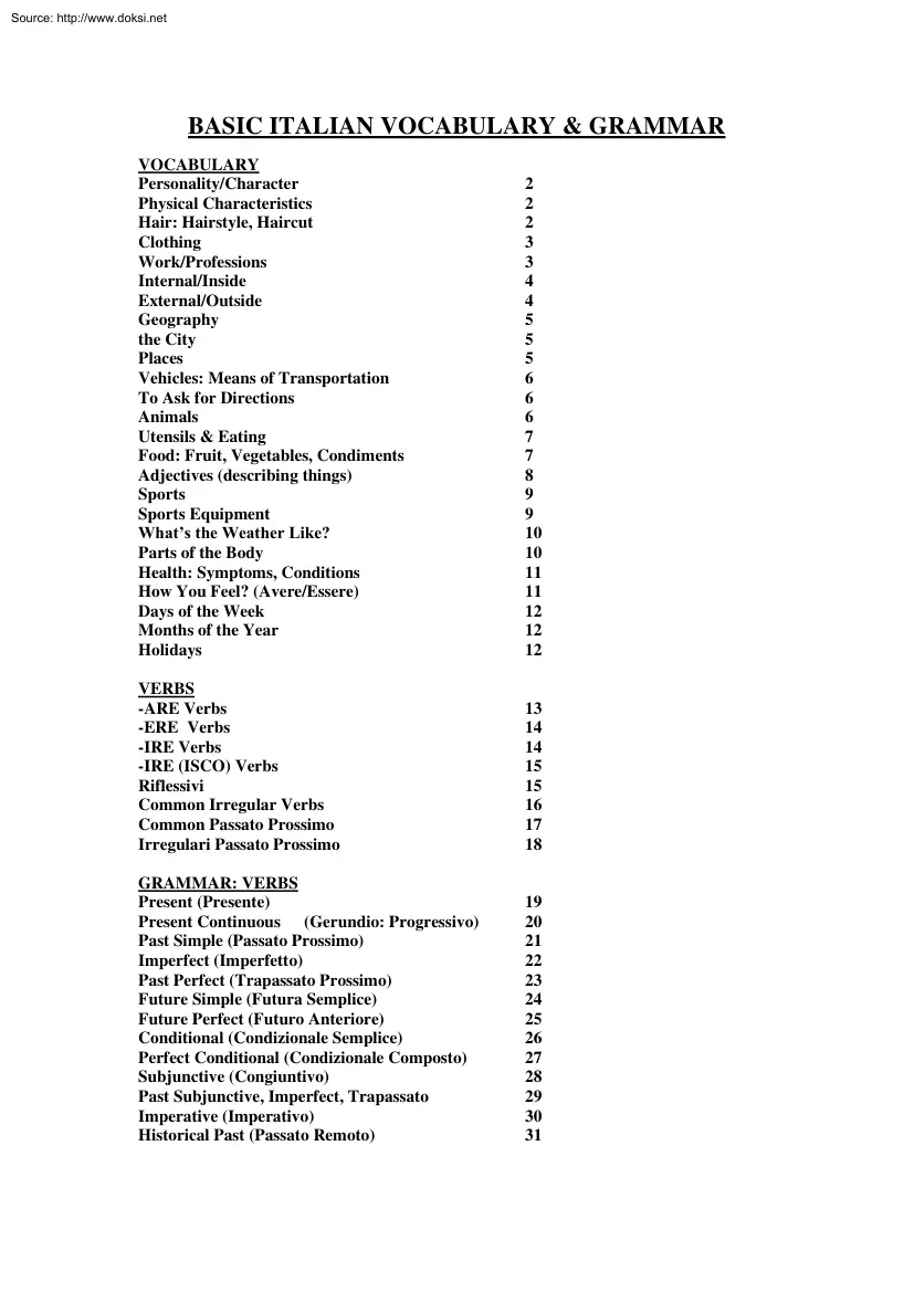 Basic Italian Vocabulary and Grammar