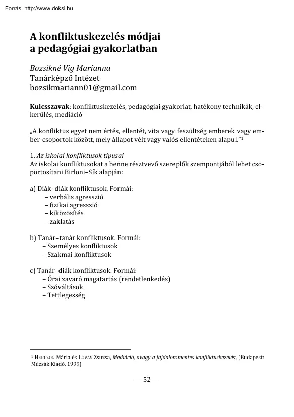 Bozsikné Vig Marianna - A konfliktuskezelés módjai a pedagógiai gyakorlatban
