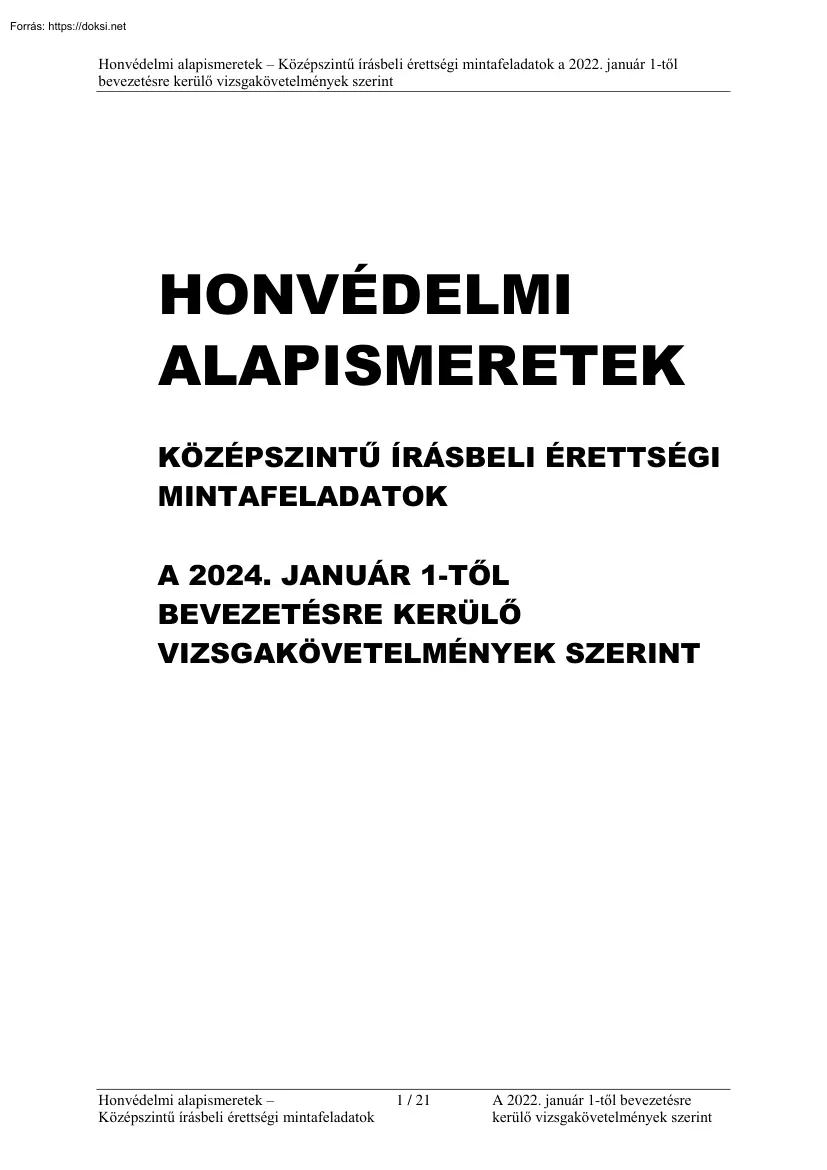 Honvédelmi alapismeretek, középszintű írásbeli érettségi mintafeladatok