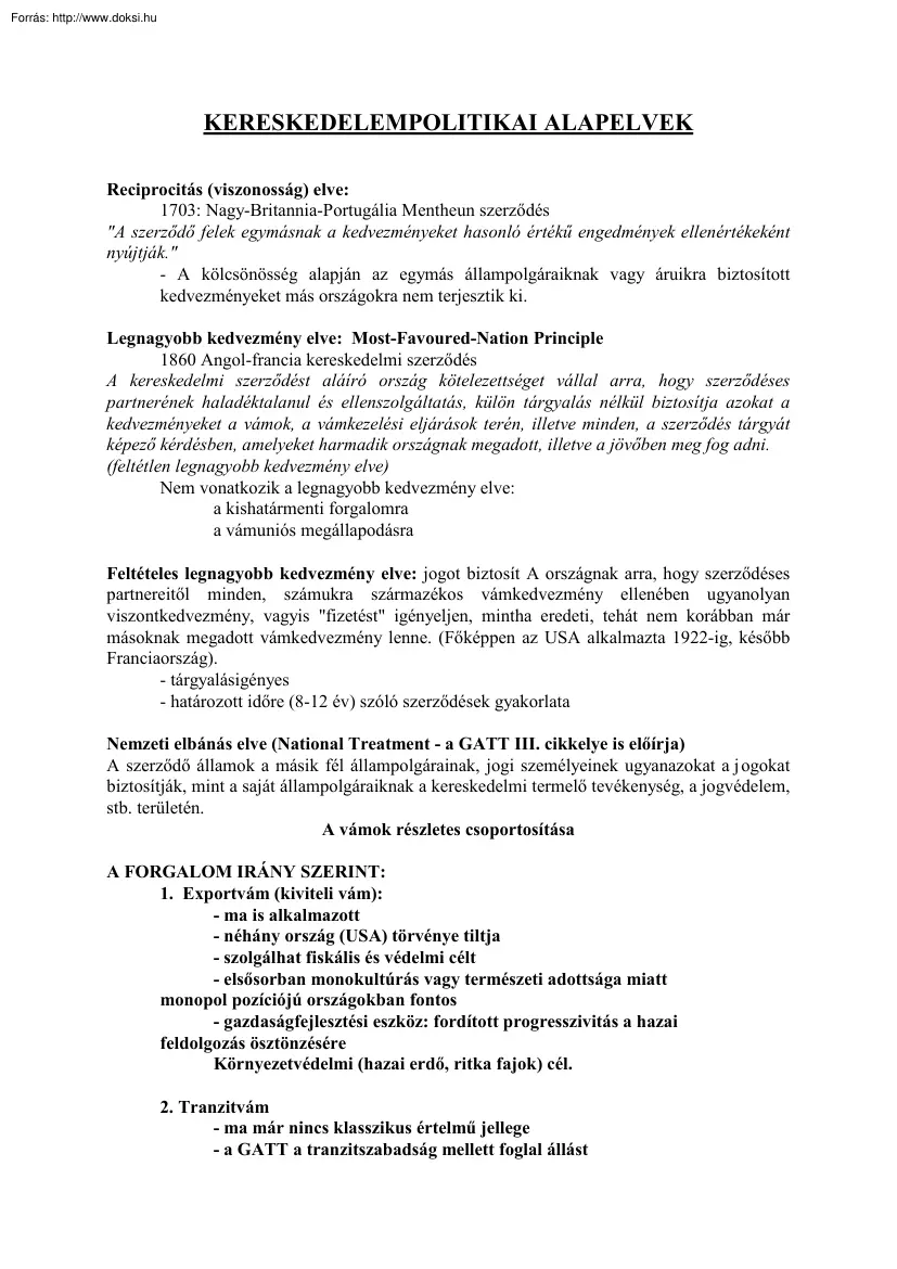 A külkereskedelem alapjai, kereskedelempolitikai alapelvek