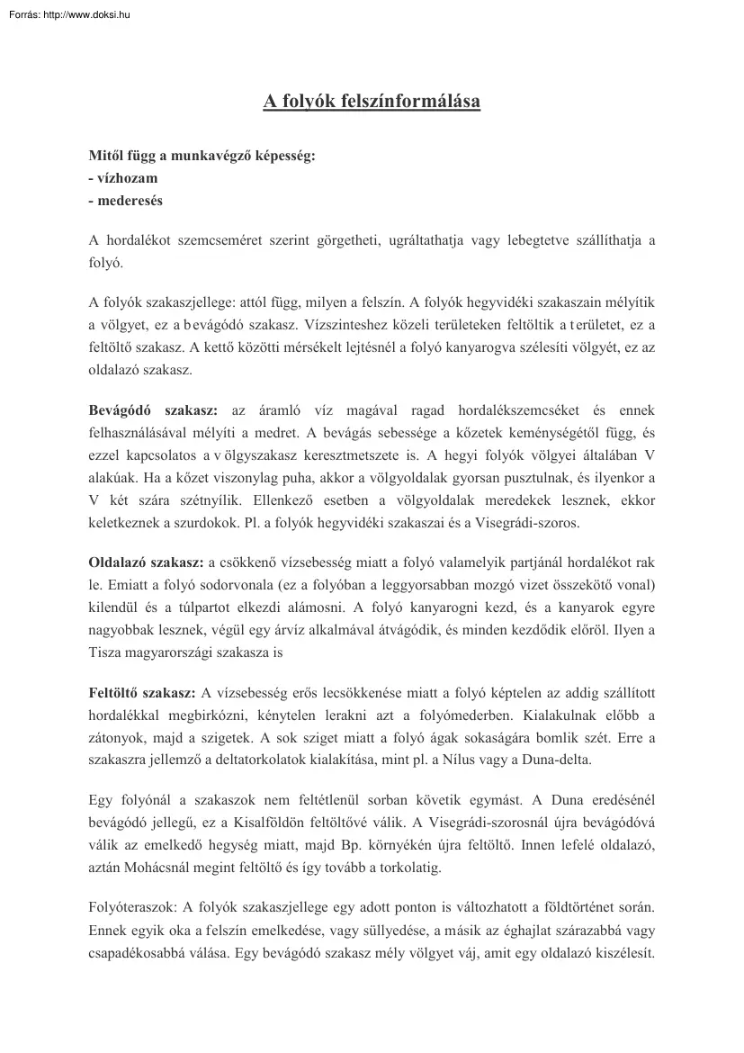A folyók felszínformálása