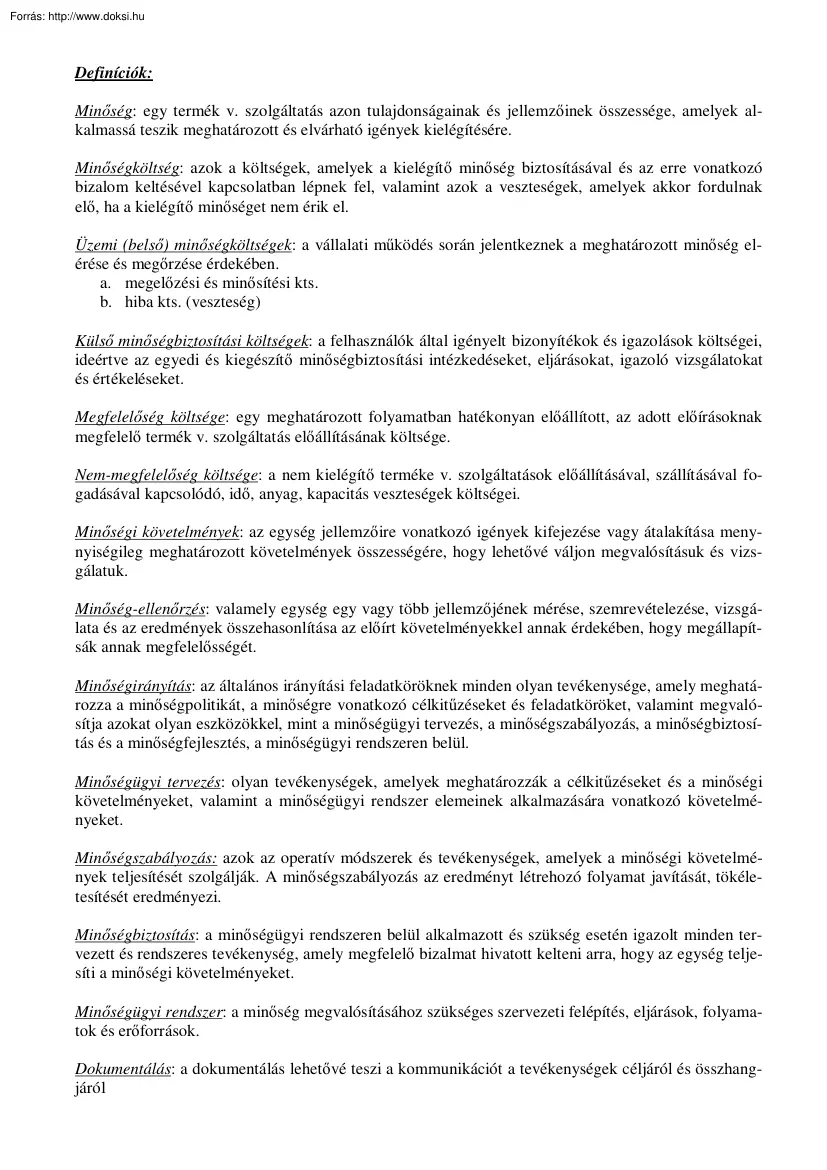 Minőségbiztosítás definíciók