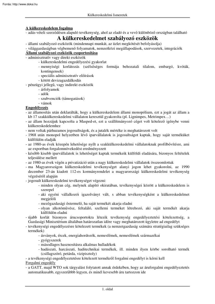 Külkereskedelmi ismeretek I