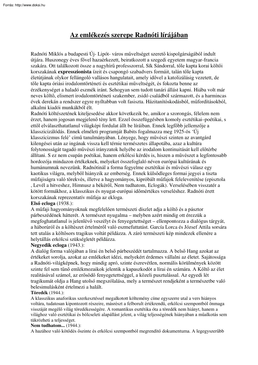 Az emlékezés szerepe Radnóti lírájában
