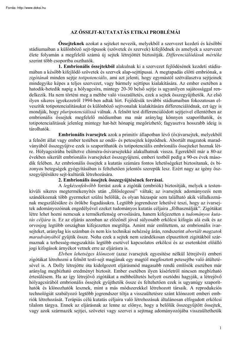 Az őssejt-kutatás etikai problémái