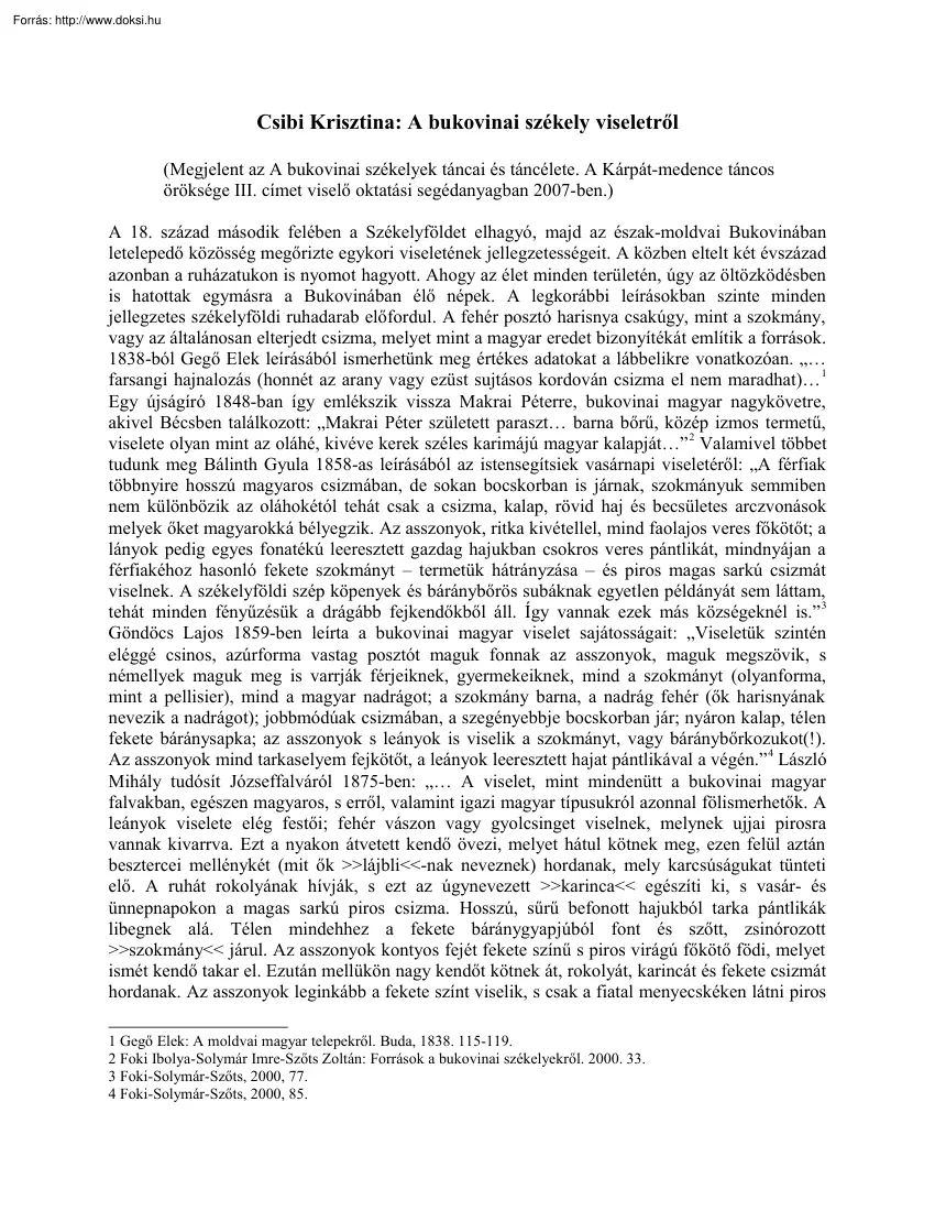 Csibi Krisztina - A bukovinai székely viseletről