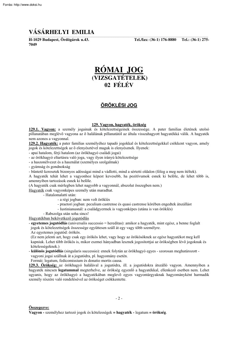 Vásárhelyi Emília - Római jog vizsgatételek
