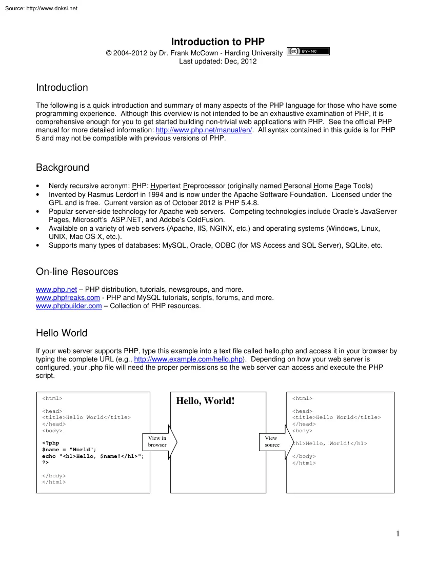 Dr. Frank McCown - Introduction to PHP