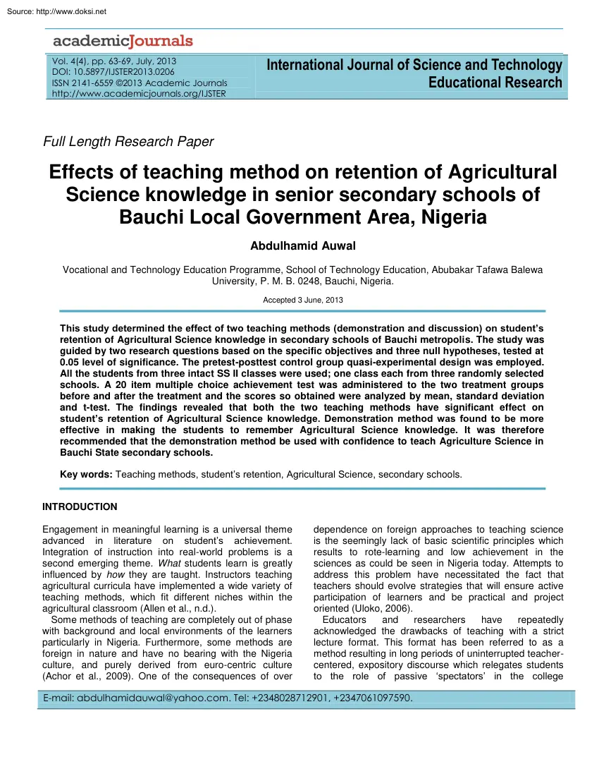 Abdulhamid Auwal - Effects of Teaching Method on Retention of Agricultural Science Knowledge