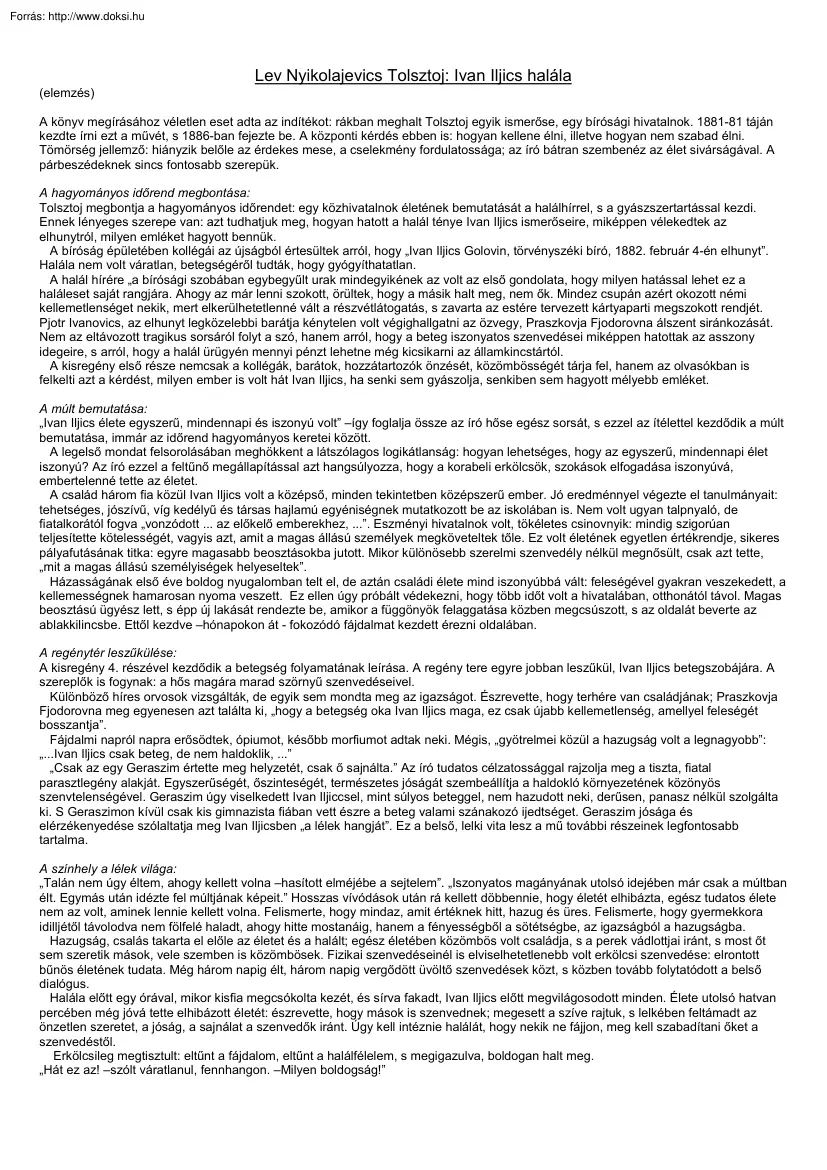 Tolsztoj - Ivan Iljics halála elemzés