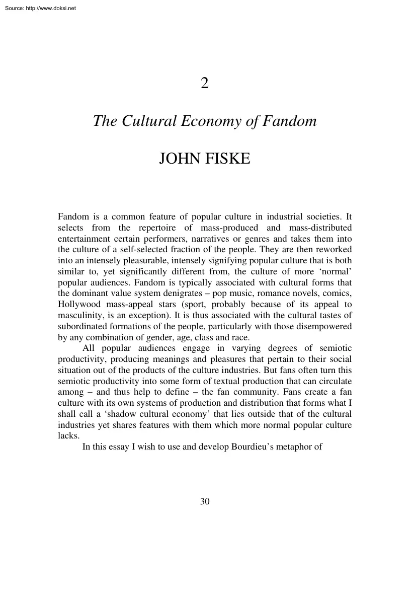 John Fiske - The Cultural Economy of Fandom