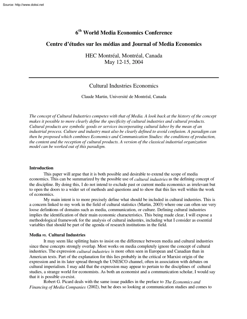 Claude Martin - Cultural Industries Economics