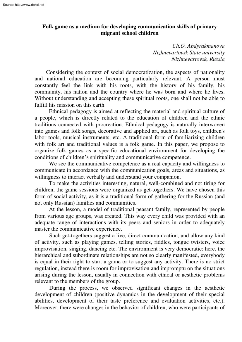 Abdyrakmanova - Folk Game as a Medium for Developing Communication Skills of Primary Migrant School