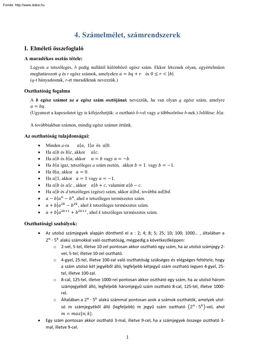 Számelmélet, számrendszerek