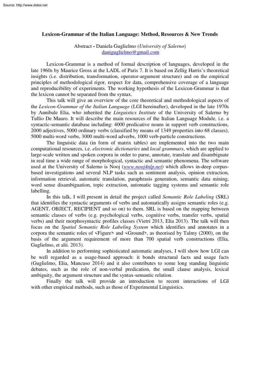 Daniela Guglielmo - Lexicon Grammar of the Italian Language, Method, Resources and New Trends
