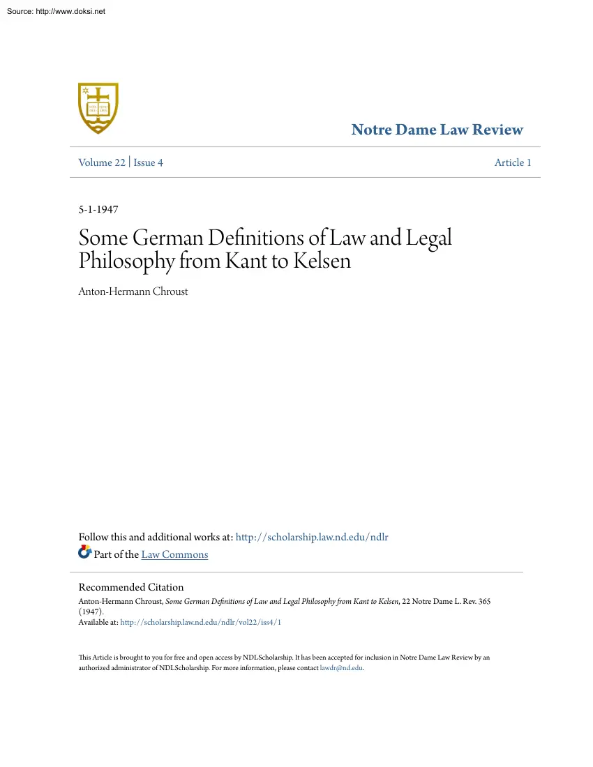 Anton Hermann Chroust - Some German Definitions of Law and Legal Philosophy from Kant to Kelsen