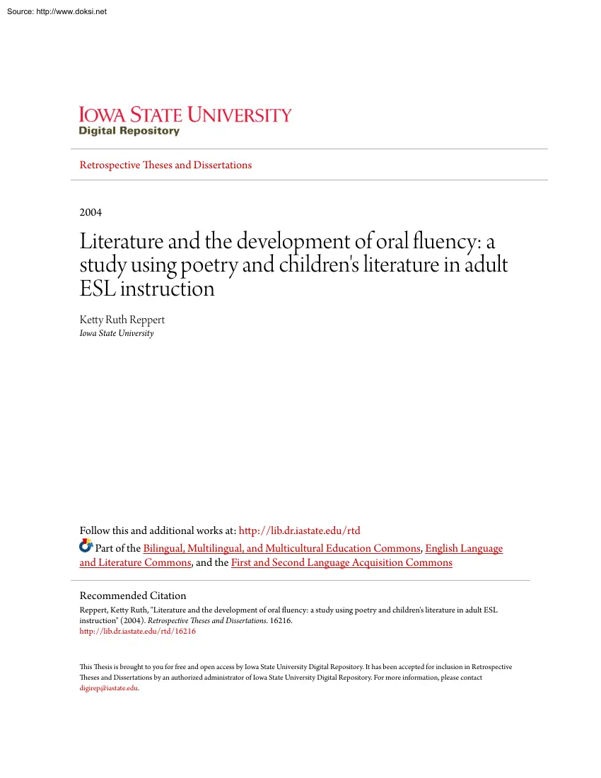 Ketty Ruth Reppert - Literature and the Development of Oral Fluency, a Study Using Poetry and