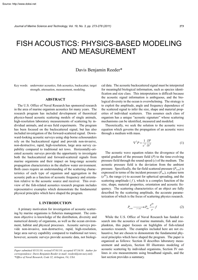 Davis Benjamin Reeder - Fish Acoustic, Physics Based Modeling and Measurement