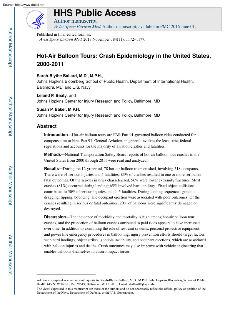 Hot-Air Balloon Tours, Crash Epidemiology in the United States