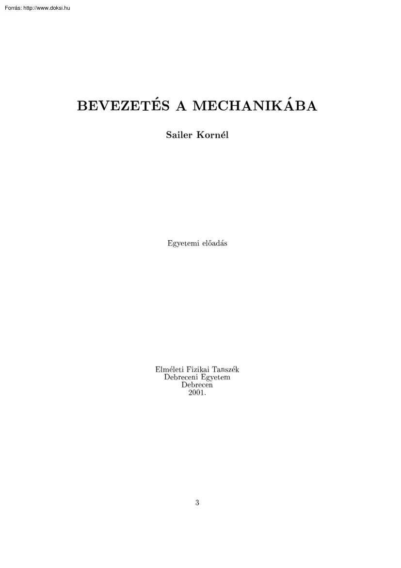 Sailer Kornél - Bevezetés a mechanikába