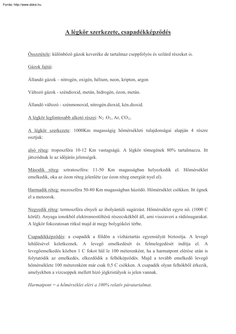 A légkör szerkezete, csapadékképződés