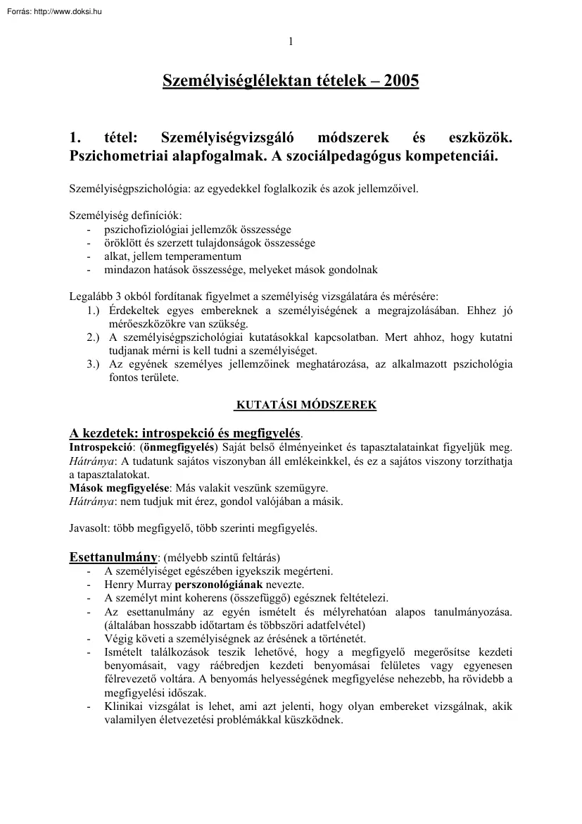 Személyiséglélektan tételek, 2005