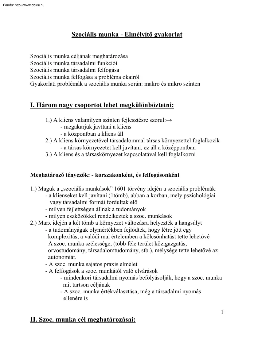 Szociális munka, elmélyítő gyakorlat