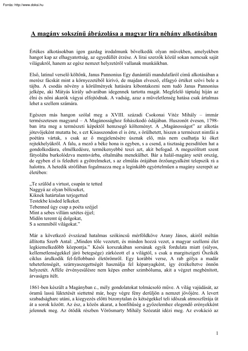 A magány sokszínű ábrázolása a magyar líra néhány alkotásában