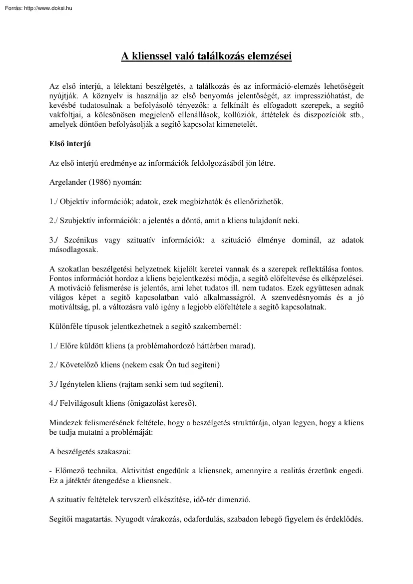 A klienssel való találkozás elemzései