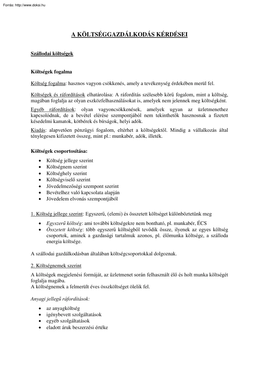 A költséggazdálkodás kérdései