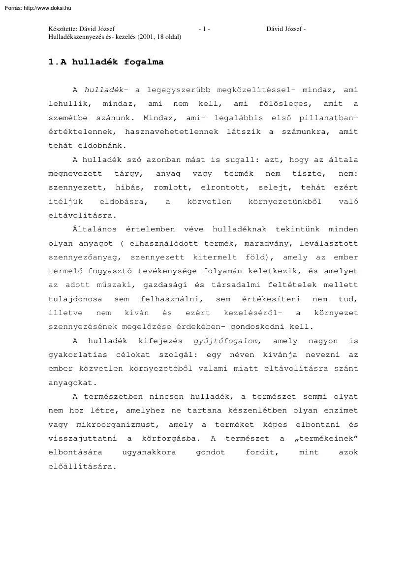 Dávid József - Hulladékszennyezés- és kezelés