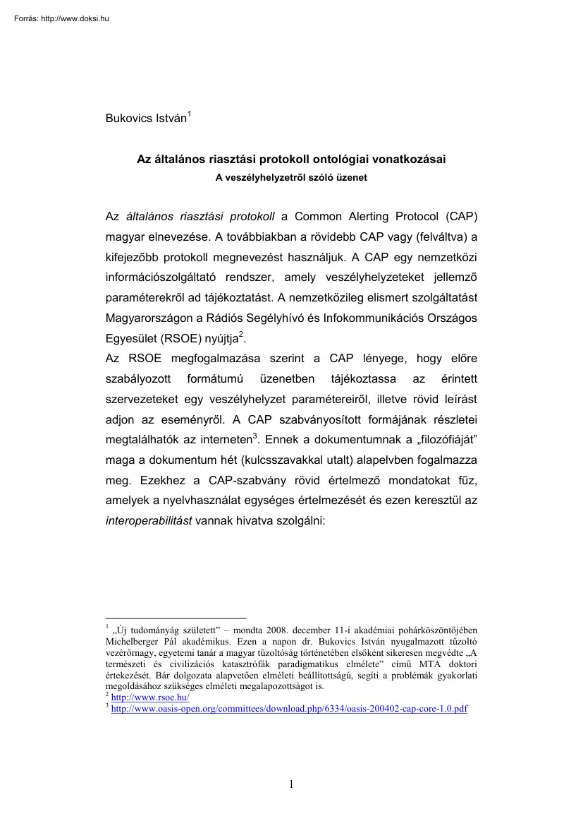Dr. Bukovics István - Az általános riasztási protokoll ontológiai vonatkozásai