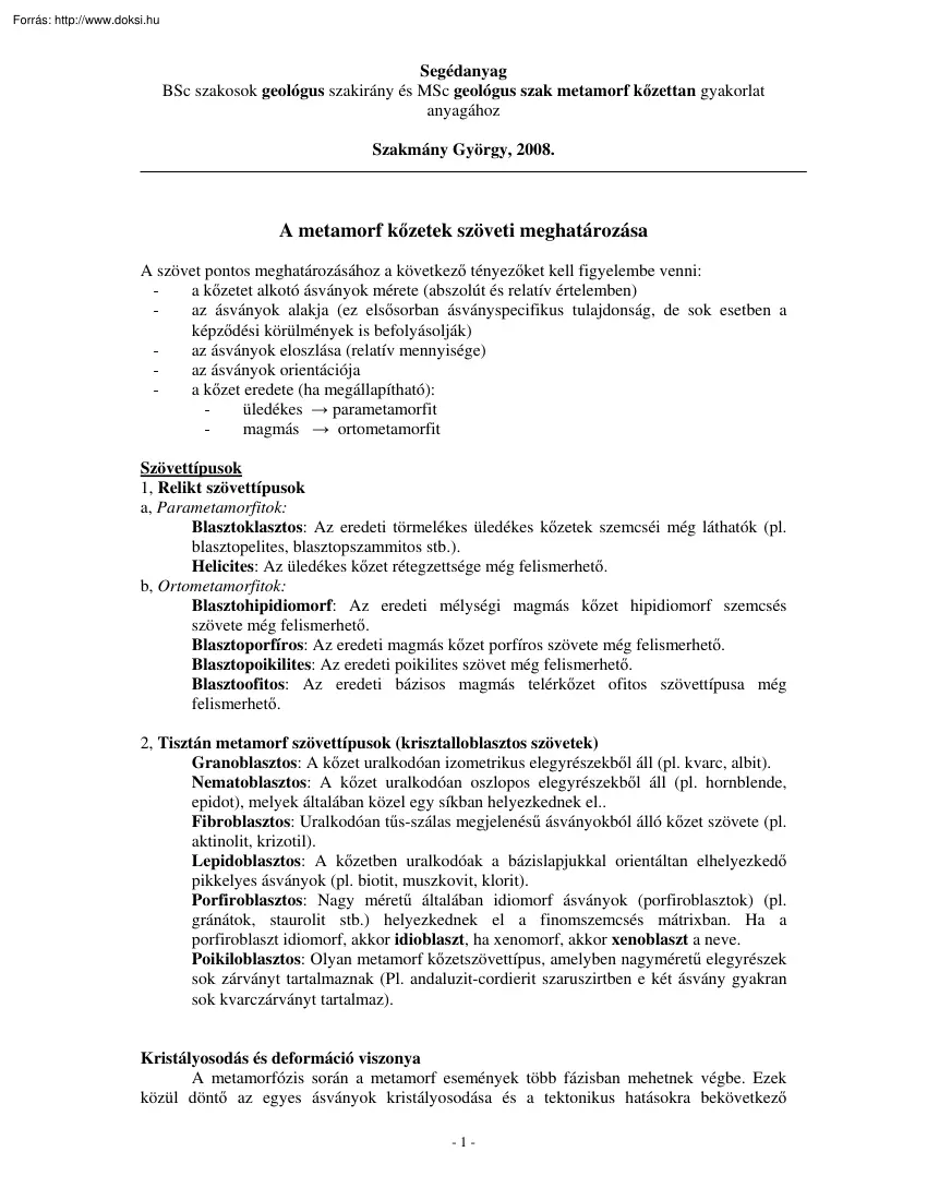 Szakmány György - A metamorf kőzetek szöveti meghatározása