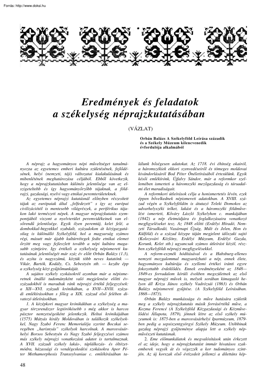 Dr. Kós Károly - Eredmények és feladatok a székelység néprajzkutatásában