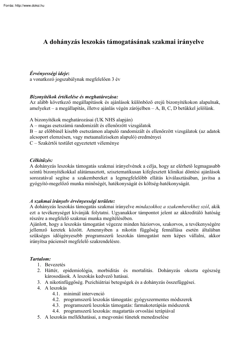 A dohányzás leszokás támogatásának szakmai irányelve