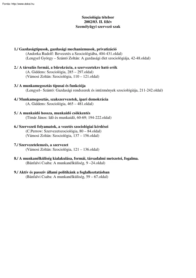 Szociológia tételek, 2003