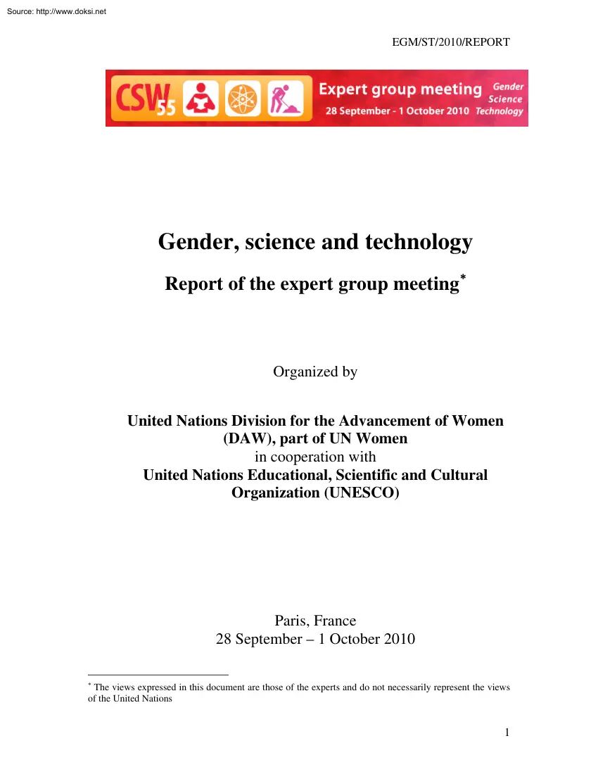 Gender, Science and Technology, Report of the Expert Group Meeting