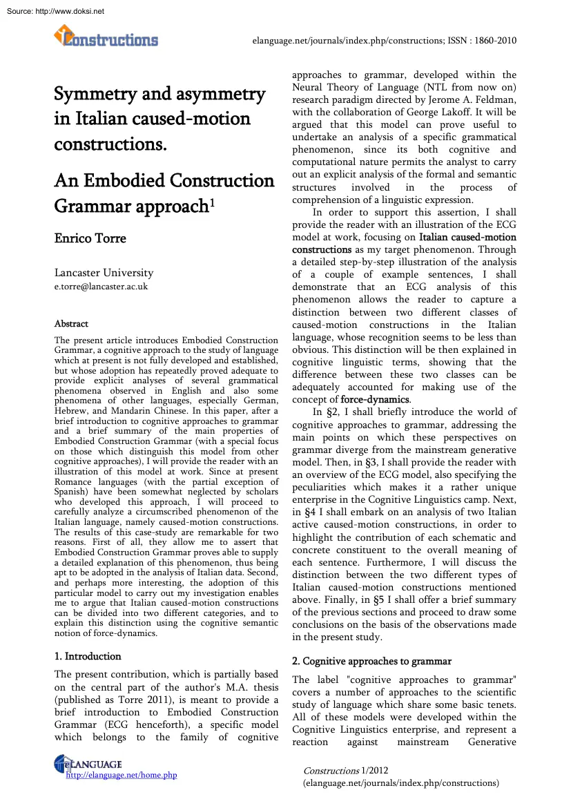 Enrico Torre - Symmetry and Asymmetry in Italian Caused Motion Constructions