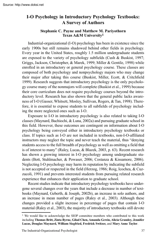Payne-Pariyothorn - I-O Psychology in Introductory Psychology Textbooks, A Survey of Authors