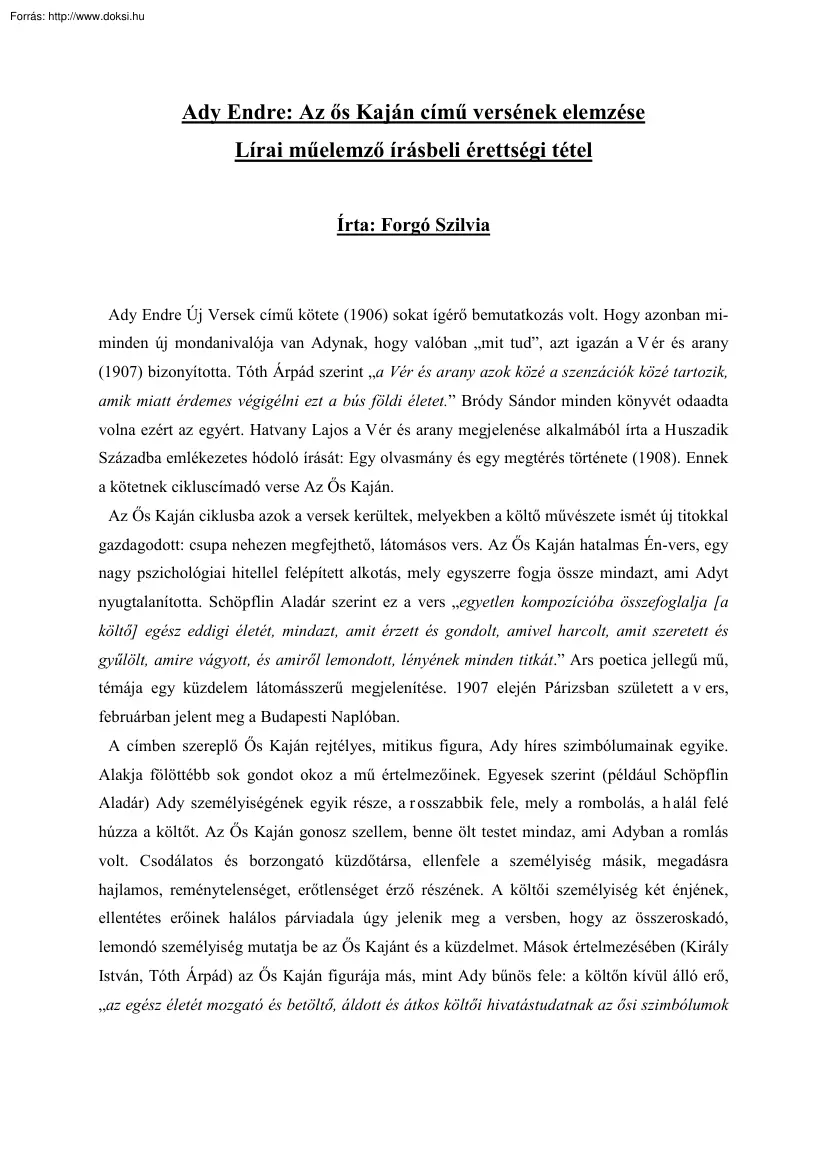 Forgó Szilvia - Ady Endre Az ős Kaján című versének elemzése
