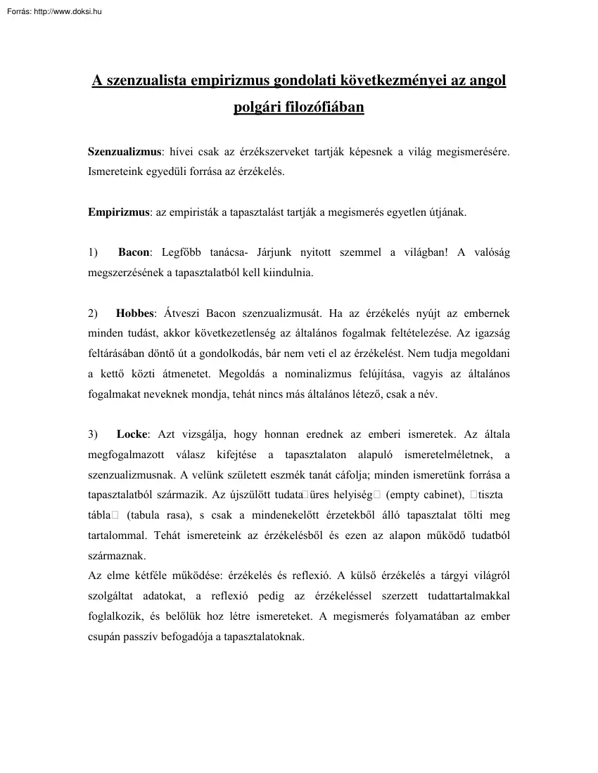 A szenzualista empirizmus gondolati következményei az angol polgári filozófiában