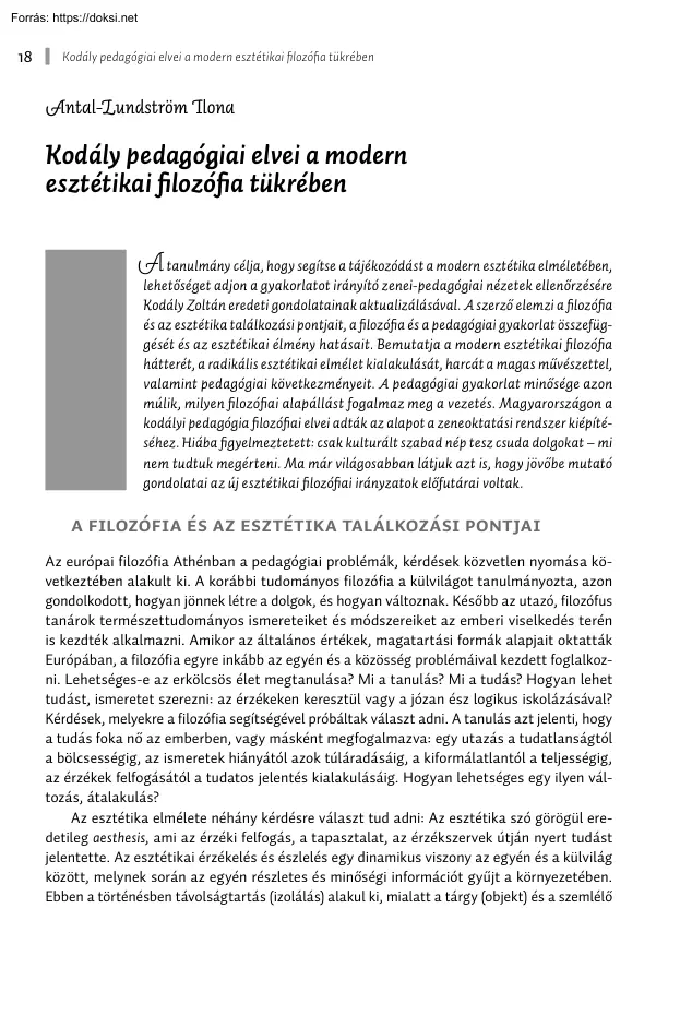 Antal-Lundström Ilona - Kodály pedagógiai elvei a modern esztétikai filozófia tükrében